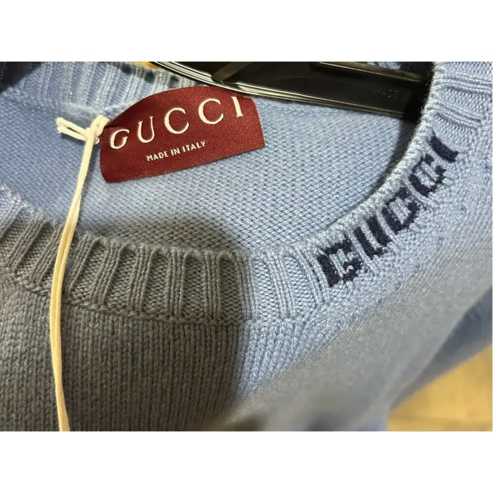 Men's Gucci Light Blue Men's felted wool knit Crewneck Sweater size XL Italy